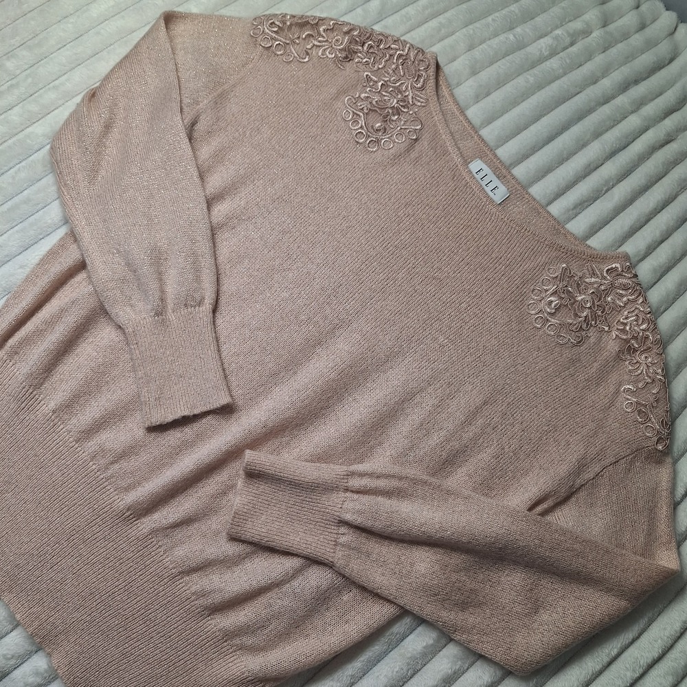 Lace Embroidered‎ Coquette Sweater Womens XL Dusty Pink Glitter Feminine 80's